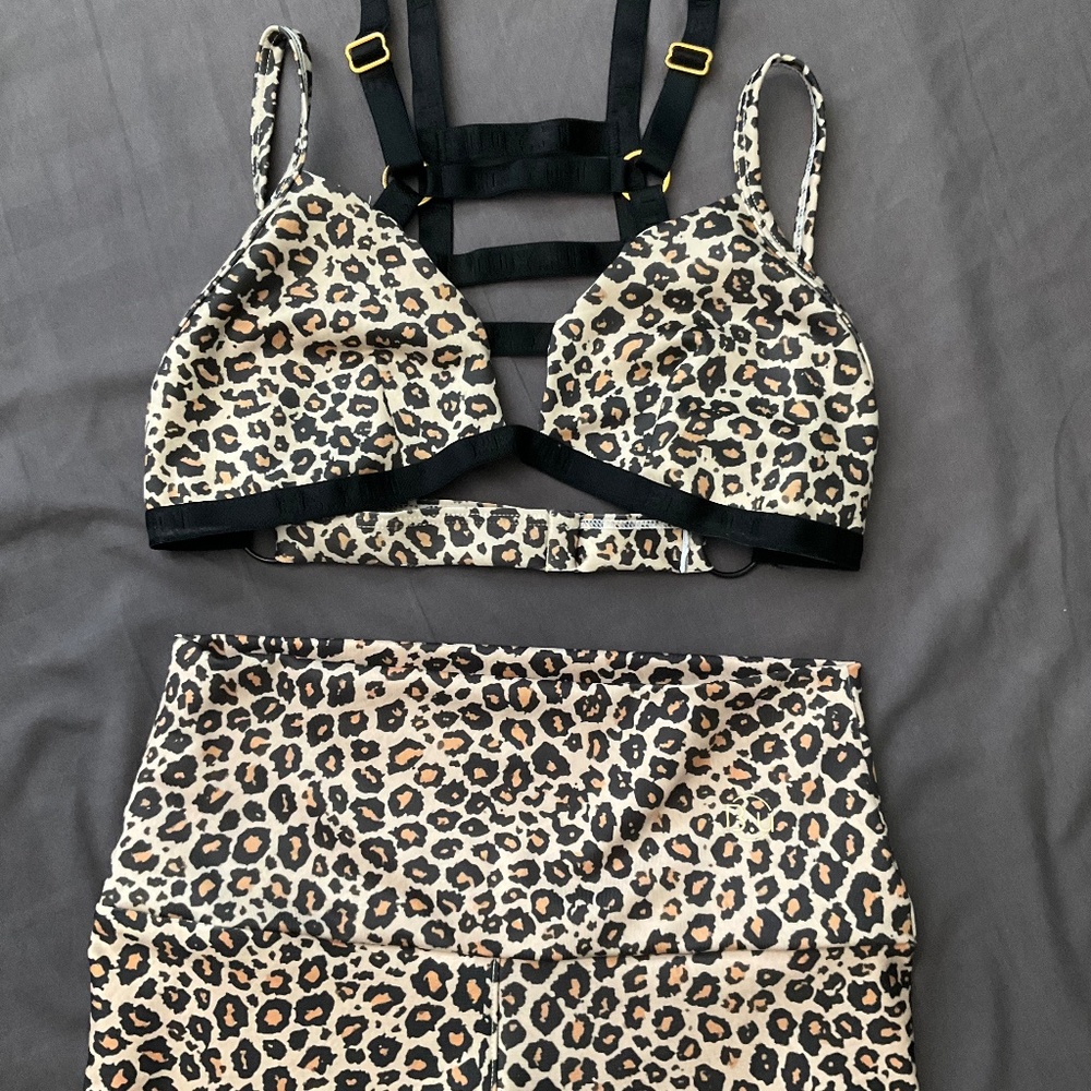 Leopard print with gold accents Be You bra and shorts matching set, size medium